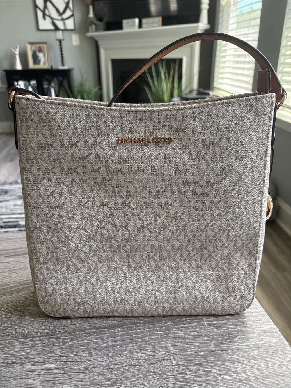 Michael Kors Neutral Monogram Crossbody Bag with Gold Logo